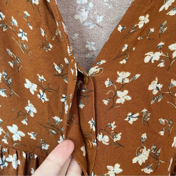 Tentree Willows Collared Tiered Long Sleeve Floral Dress Toffee Cornstalk Orange - Picture 4 of 9